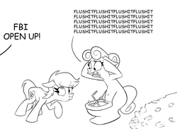 Size: 1866x1368 | Tagged: safe, artist:anontheanon, oc, oc:aryanne, oc:kohlette, earth pony, pony, toilet pony, art pack:marenheit 451 charity stream, but why, dialogue, fbi open up, female, flush, mare, nazi, nervous, sketch, swastika, toilet