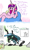 Size: 915x1538 | Tagged: safe, artist:jargon scott, princess cadance, queen chrysalis, alicorn, changeling, changeling queen, pony, bean bag, cellphone, clothes, crossed legs, dialogue, female, food, glowing horn, hat, hoof hold, horn, levitation, magic, mare, none pizza with left beef, phone, phone call, pineapple pizza, pizza, prank call, shirt, smartphone, telekinesis, tip jar, tips, yelling