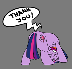 Size: 698x670 | Tagged: artist needed, source needed, safe, twilight sparkle, pony, unicorn, eyes closed, female, horn, looking between legs, mare, screaming, simple background, solo, speech bubble, thank you, unicorn twilight, yelling