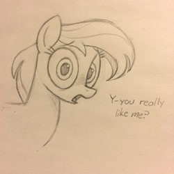 Size: 3024x3024 | Tagged: safe, artist:anonymous, agua fresca, lily peel, earth pony, pony, almond joy, blushing, cute, dialogue, female, looking at you, mare, open mouth, sketch, solo, speech, talking, traditional art