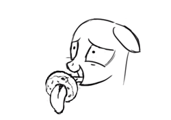 Size: 842x594 | Tagged: source needed, safe, artist:softlava, oc, oc only, pony, donut, drawthread, embarrassed, floppy ears, food, sketch, tongue out