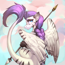 Size: 3000x3000 | Tagged: safe, artist:nsilverdraws, imported from ponybooru, oc, oc only, oc:zerstörer, oc:zulu, griffon, hippogriff, original species, zebra, zebragriff, braided ponytail, leonine tail, looking over shoulder, solo, spear, talons, weapon, wings, zerb