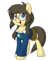Size: 1552x1777 | Tagged: safe, artist:moonatik, imported from derpibooru, oc, oc only, oc:sphee, earth pony, pony, christmas sweater, clothes, female, glasses, mare, secret santa, shirt, shorts, simple background, smiling, sweater, transparent background