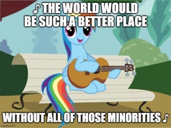 Size: 666x500 | Tagged: safe, anonymous artist, edit, imported from derpibooru, rainbow dash, pegasus, pony, caption, female, guitar, jackfilms, mare, musical instrument, singing, sitting, text