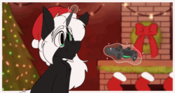 Size: 1929x1029 | Tagged: safe, artist:kirbirb, imported from derpibooru, oc, oc:nethlarion, pony, unicorn, animated, christmas, christmas stocking, christmas tree, clothes, controller, drinking, gift art, hat, holiday, magic, male, santa hat, socks, solo, stallion, stockings, thigh highs, tree
