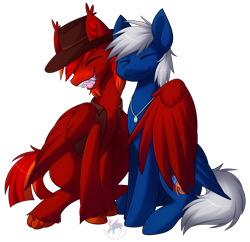 Size: 2820x2725 | Tagged: safe, artist:scarlet-spectrum, imported from derpibooru, oc, oc only, oc:lance longmane, oc:trade wind, oc:ward, pegasus, derpibooru community collaboration, 2021 community collab, best friends, blaze (coat marking), blue coat, buddies, clothes, coat markings, cutie mark, ear fluff, facial markings, fallout equestria oc, fangs, feather, grin, hat, hooves, hug, jacket, jewelry, leather jacket, male, messy mane, necklace, paws, pawsies, red coat, simple background, smiling, stallion, striped mane, transparent background, tufts, unshorn fetlocks, white mane, white tail, winghug, wings