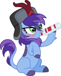 Size: 3615x4500 | Tagged: safe, artist:limedazzle, imported from derpibooru, oc, oc only, oc:cher nobyl, kirin, derpibooru community collaboration, 2021 community collab, alcohol, blushing, drinking, drunk, go home you're drunk, hat, hoof hold, kirin-ified, show accurate, simple background, solo, species swap, transparent background, ushanka, vodka