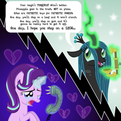 Size: 6969x6969 | Tagged: safe, artist:kmlp, derpibooru exclusive, imported from derpibooru, queen chrysalis, starlight glimmer, changeling, changeling queen, pony, unicorn, absurd resolution, abuse, chrysalis sure does hate starlight, crying, dialogue, female, glimmerbuse, levitation, magic, mean, open mouth, phone, sad, smiling, starlight vs chrysalis, telekinesis, telephone, vector, verbal abuse