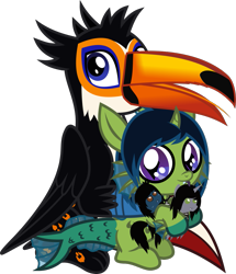 Size: 1089x1264 | Tagged: safe, artist:lightningbolt, derpibooru exclusive, imported from derpibooru, oc, oc only, oc:demon hellspawn, oc:tristão, bird, griffon, half-siren, hybrid, pony, toco toucan, toucan, derpibooru community collaboration, 2021 community collab, baby, beak, colored hooves, colt, curved horn, duo, duo male, fangs, feather, fins, fish tail, folded wings, gay, hair over one eye, happy, hoof hold, horn, jewelry, leviathan cross, looking at you, magical gay spawn, male, necklace, offspring, open beak, open mouth, paws, plushie, pointy ponies, scales, shipping, show accurate, simple background, sitting, slit eyes, slit pupils, spots, tail, talons, tongue out, toucan griffon, transparent background, wings