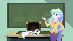 Size: 2208x1242 | Tagged: safe, imported from derpibooru, screencap, princess celestia, eqg summertime shorts, equestria girls, subs rock, apron, bracelet, brooch, chalkboard, clothes, cute, cutelestia, cutie mark accessory, cutie mark brooch, desk, female, football, hand on hip, high res, jewelry, principal celestia, raised hand, soccer ball (object), solo, watch, wristwatch