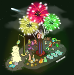 Size: 1810x1844 | Tagged: safe, artist:carpdime, imported from derpibooru, fluffy pony, choir, fireworks, fluffy pony foals, fluffy pony original art, hugbox, snowman