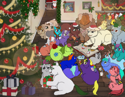 Size: 2500x1950 | Tagged: safe, artist:kerosinecannibal, imported from derpibooru, oc, oc:avocado, oc:beanie, oc:doctor crazystein, oc:nisc, oc:plum, oc:suzy, oc:tumbly, fluffy pony, bunny and foals, christmas, fluffy pony original art, holiday, hugbox, literal sadbox, nisc