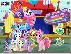 Size: 581x446 | Tagged: safe, edit, imported from derpibooru, screencap, applejack, fluttershy, pinkie pie, rainbow dash, rarity, spike, twilight sparkle, alicorn, art theft, flash game, gift wrapped, logo, logo edit, looking at you, mane seven, mane six, rainbow power, rainbow power-ified, stage, twilight sparkle (alicorn), wheel