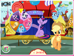 Size: 592x451 | Tagged: safe, imported from derpibooru, screencap, applejack, fluttershy, pinkie pie, rainbow dash, rarity, twilight sparkle, art theft, flash game, gift wrapped, looking at you, mane six, rainbow blitz, raised hoof, rule 63, stage, wheel