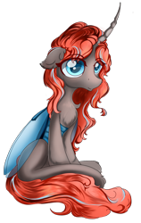 Size: 1908x3017 | Tagged: safe, artist:eris azure, imported from derpibooru, oc, oc only, oc:staurora glitter, changeling, derpibooru, derpibooru community collaboration, 2021, 2021 community collab, blue eyes, female, fluffy, fluffy changeling, horn, looking at you, meta, red mane, simple background, sitting, solo, transparent background, wings