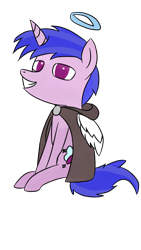 Size: 1000x1777 | Tagged: safe, artist:symphonydawn3, imported from derpibooru, oc, oc only, oc:kindness, unicorn, derpibooru community collaboration, 2021 community collab, angel, clothes, grin, male, simple background, sitting, smiling, stallion, transparent background