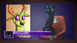 Size: 1280x720 | Tagged: safe, artist:dr. wolf, artist:starbat, imported from derpibooru, queen chrysalis, thorax, changedling, changeling, changeling queen, chair, female, king thorax, mlp finale villains therapy visit, sitting, spongebob squarepants