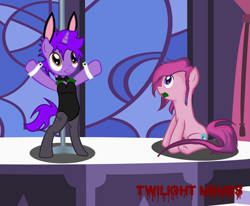 Size: 7675x6333 | Tagged: safe, artist:sanav1, artist:twilight_memes, imported from derpibooru, oc, oc:formosana, oc:jão, earth pony, pony, unicorn, animal costume, arms wide open, bills, bipedal, bowtie, brown eyes, bunny costume, bunny ears, bunny suit, clothes, costume, cuffs (clothes), duo, duo male, earth pony oc, horn, leotard, logo, male, money, mouth hold, pantyhose, pink hair, pink mane, pole dancing, purple eyes, purple hair, purple mane, sitting, stripper pole, unicorn oc