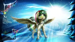 Size: 1280x720 | Tagged: safe, artist:lexifyrestar, imported from derpibooru, oc, oc:lemon bounce, pegasus, christmas, christmas lights, female, hat, holiday, jewelry, mare, necklace, santa hat, shooting star, snow, snowflake