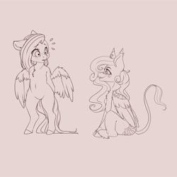 Size: 3500x3500 | Tagged: safe, artist:miokomata, imported from derpibooru, fluttershy, oc, pegasus, pony, semi-anthro, bipedal, chest fluff, duo, female, freckles, freckleshy, looking at each other, mare