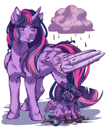 Size: 2000x2400 | Tagged: safe, artist:ponipoke, imported from derpibooru, twilight sparkle, oc, alicorn, pony, alicorn oc, chocolate, chocolate rain, crying, female, filly, food, horn, magical lesbian spawn, mare, mother and child, mother and daughter, offspring, parent:starlight glimmer, parent:twilight sparkle, parents:twistarlight, pink cloud, rain, simple background, twilight sparkle (alicorn), white background, wings