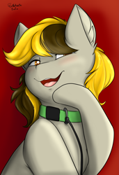 Size: 1575x2296 | Tagged: safe, artist:flashnoteart, imported from derpibooru, oc, oc:alexis arrows, earth pony, blushing, bust, collar, colored, commission, female, leash, mare, portrait, red background, simple background, smiling