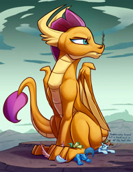 Size: 1703x2200 | Tagged: safe, artist:tsitra360, imported from derpibooru, gallus, ocellus, sandbar, silverstream, smolder, yona, changedling, changeling, dragon, earth pony, griffon, hippogriff, yak, dragoness, female, giant dragon, greed growth, hoard, macro, macro/micro, paws, sitting, sitting on, sitting on person, smoke, student six, underfoot