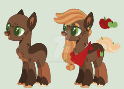 Size: 600x435 | Tagged: safe, artist:kyper-space, artist:strawberry-spritz, imported from derpibooru, applejack, earth pony, pony, bandana, chest fluff, deviantart watermark, female, green background, leaves, leaves in hair, mare, obtrusive watermark, redesign, simple background, solo, unshorn fetlocks, watermark