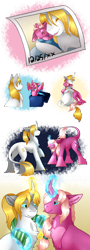 Size: 1800x5000 | Tagged: safe, artist:nobleclay, imported from derpibooru, prince blueblood, oc, oc:cupid, classical unicorn, pony, unicorn, baby, baby pony, clothes, cloven hooves, colt, father and child, father and son, leonine tail, magic, magical gay spawn, male, offspring, parent:big macintosh, parent:prince blueblood, parents:bluemac, scarf, unshorn fetlocks