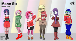 Size: 4168x2272 | Tagged: safe, artist:oldskullkid, imported from derpibooru, part of a set, applejack, fluttershy, pinkie pie, rainbow dash, rarity, twilight sparkle, human, equestria girls, alcohol, alternate hairstyle, boots, champagne, champagne glass, christmas, christmas outfit, clothes, cute, female, gift wrapped, glasses, holiday, holly, holly mistaken for mistletoe, humanized, i can't believe it's not sci-twi, leggings, line-up, looking at you, mistleholly, mug, scarf, shoes, shyabetes, socks, striped socks, sweater, sweatershy, turtleneck, twilight sparkle (alicorn), twilight's professional glasses, wine, winter outfit