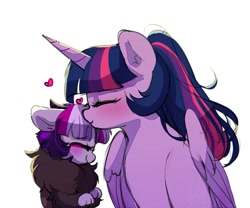 Size: 1061x883 | Tagged: safe, artist:riukime, imported from derpibooru, twilight sparkle, oc, oc:jinx, alicorn, draconequus, hybrid, alternate hairstyle, cute, eyes closed, female, filly, heart, interspecies offspring, kiss on the head, kissing, mama twilight, mare, mother and child, mother and daughter, next generation, offspring, parent:discord, parent:twilight sparkle, parents:discolight, simple background, twilight sparkle (alicorn), white background