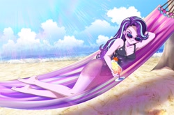 Size: 3830x2523 | Tagged: safe, alternate version, artist:rileyav, imported from derpibooru, starlight glimmer, equestria girls, beach, blushing, breasts, cleavage, clothes, drink, feet, female, hammock, lying down, one-piece swimsuit, see-through, smiling, smirk, soles, solo, solo female, stupid sexy starlight glimmer, sunglasses, swimsuit, toes