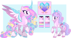 Size: 1280x684 | Tagged: safe, artist:berry-siren, imported from derpibooru, princess cadance, alicorn, pegasus, pony, alternate design, crystal horn, horn, pegasus cadance, reference sheet, simple background, transparent background, two toned wings, wings