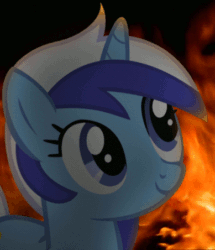 Size: 389x452 | Tagged: safe, artist:skookz, derpibooru exclusive, edit, editor:skookz, imported from derpibooru, minuette, pony, unicorn, animated, female, fire, gif, loop, mare, smiling, solo, this is fine