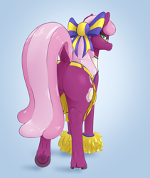 Size: 3200x3800 | Tagged: safe, artist:aquaticvibes, imported from derpibooru, cheerilee, earth pony, pony, blue background, bow, butt, cheerileeder, cheerleader, cheerleader outfit, clothes, female, flowerbutt, frog (hoof), high res, looking at you, looking back, looking back at you, mare, plot, pom pom, simple background, solo, underhoof