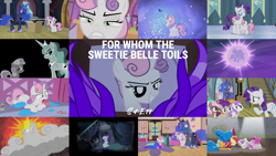 Size: 1986x1117 | Tagged: safe, edit, edited screencap, editor:quoterific, imported from derpibooru, screencap, apple bloom, banana peel (character), banana peel (g4), brown sugar, burnout (character), burnout (g4), mint flower, plum star, princess luna, rarity, scootaloo, sweetie belle, titania, for whom the sweetie belle toils, collage, cutie mark crusaders, inverted colors, raricloud