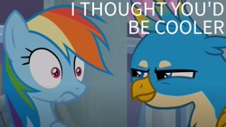 Size: 1920x1080 | Tagged: safe, edit, edited screencap, editor:quoterific, imported from derpibooru, screencap, gallus, rainbow dash, griffon, school daze, text