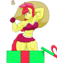 Size: 2048x2237 | Tagged: safe, artist:matchstickman, imported from derpibooru, apple bloom, anthro, earth pony, tumblr:where the apple blossoms, abs, apple bloom's bow, apple brawn, arm behind head, armpits, biceps, bow, breasts, busty apple bloom, christmas, clothes, costume, deltoids, female, gift box, gloves, hair bow, hearth's warming, hearth's warming eve, holiday, looking at you, mare, matchstickman's apple brawn series, midriff, mistleholly, mistletoe, muscles, muscular female, needs more saturation, older, older apple bloom, pecs, present, santa costume, santa sack, simple background, skirt, solo, strapless, thighs, thunder thighs, triceps, tumblr comic, white background