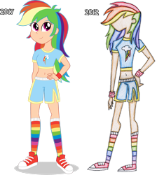Size: 2320x2584 | Tagged: safe, artist:sugar-loop, imported from derpibooru, rainbow dash, human, equestria girls, athletic, belly button, caucasian skin, clothes, converse, cutie mark, cutie mark on clothes, equestria girls style, humanized, looking at you, midriff, rainbow socks, shoes, short shirt, shorts, simple background, smiling at you, sneakers, socks, solo, striped socks, then and now, transparent background, vector