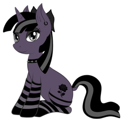 Size: 1116x1080 | Tagged: safe, artist:meisteraryanne, artist:sgt.acey, derpibooru exclusive, imported from derpibooru, oc, oc only, pony, unicorn, derpibooru community collaboration, 2021 community collab, choker, clothes, ear piercing, necktie, piercing, simple background, socks, solo, spiked choker, transparent background