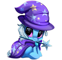 Size: 3480x3398 | Tagged: safe, artist:pridark, imported from derpibooru, trixie, pony, unicorn, cape, chibi, clothes, cute, diatrixes, eye reflection, female, hat, implied twilight sparkle, magic wand, mouth hold, reflection, simple background, sitting, smol, solo, transparent background, trixie's cape, trixie's hat