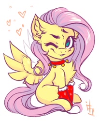 Size: 986x1200 | Tagged: safe, artist:falafeljake, imported from derpibooru, fluttershy, pegasus, pony, bell, bell collar, clothes, collar, cute, heart, one eye closed, shyabetes, socks, solo, spread wings, wings, wink