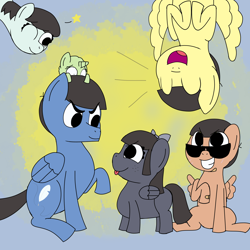 Size: 2500x2500 | Tagged: safe, artist:colorcodetheartist, derpibooru exclusive, imported from derpibooru, pegasus, pony, unicorn, abstract background, blind, colored sketch, crossover, family, group photo, jyushimatsu, karamatsu, magical gay spawn, offspring, osomatsu-san, ponified, ponified oc, product of incest, scar, sunglasses, upside down