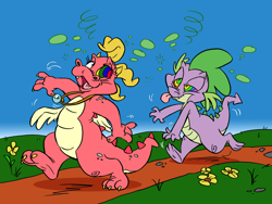 Size: 1280x961 | Tagged: safe, artist:dodgyrommer, imported from derpibooru, spike, cassie (dragon tales), cassie (dragontales), colored, commissioner:foxlover91, crossover, dragon tales, drunk, drunker spike, swirly eyes, tongue out