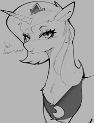 Size: 749x981 | Tagged: safe, artist:lunarmarshy, imported from derpibooru, princess luna, alicorn, pony, crown, dialogue, jewelry, makeup, monochrome, regalia, s1 luna, solo