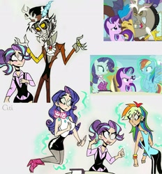 Size: 2472x2662 | Tagged: safe, artist:citi, imported from derpibooru, screencap, discord, rainbow dash, rarity, starlight glimmer, human, a matter of principals, the end in friend, boots, choker, clothes, glitter boots, glowing hands, humanized, magic, scene interpretation, screencap reference, shoes, skirt, telekinesis, tube skirt