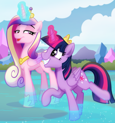 Size: 1733x1841 | Tagged: safe, artist:whitequartztheartist, imported from derpibooru, princess cadance, twilight sparkle, alicorn, duo, magic, sisters-in-law, starry eyes, twilight sparkle (alicorn), water, wingding eyes