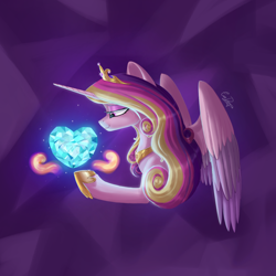 Size: 2000x2000 | Tagged: safe, artist:evedizzy26, imported from derpibooru, princess cadance, alicorn, pony, abstract background, colored wings, crystal heart, cutie mark, female, lidded eyes, mare, multicolored wings, side view, smiling, solo, spread wings, wings