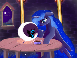 Size: 2000x1500 | Tagged: safe, artist:slamjam, imported from derpibooru, nightmare moon, princess luna, alicorn, pony, feeding, female, food, mare, micro, moon, soup, spoon, tired