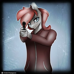 Size: 2000x2000 | Tagged: safe, artist:endelthepegasus, imported from derpibooru, oc, anthro, anthro oc, clothes, gun, handgun, left 4 dead, looking at you, pistol, weapon